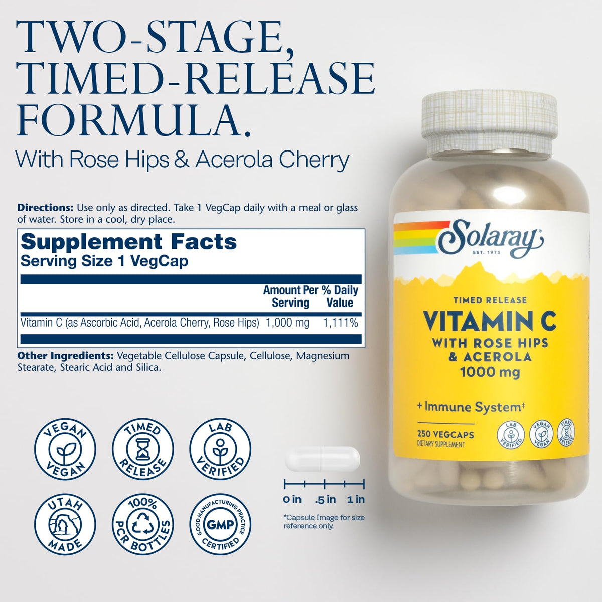 Gélules végétales de Vitamine C 1000mg SOLARAY avec églantier
