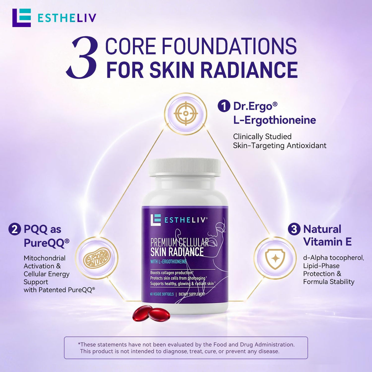 Gélules végétales ESTHELIV Premium Cellular Skin Radiance sur une table