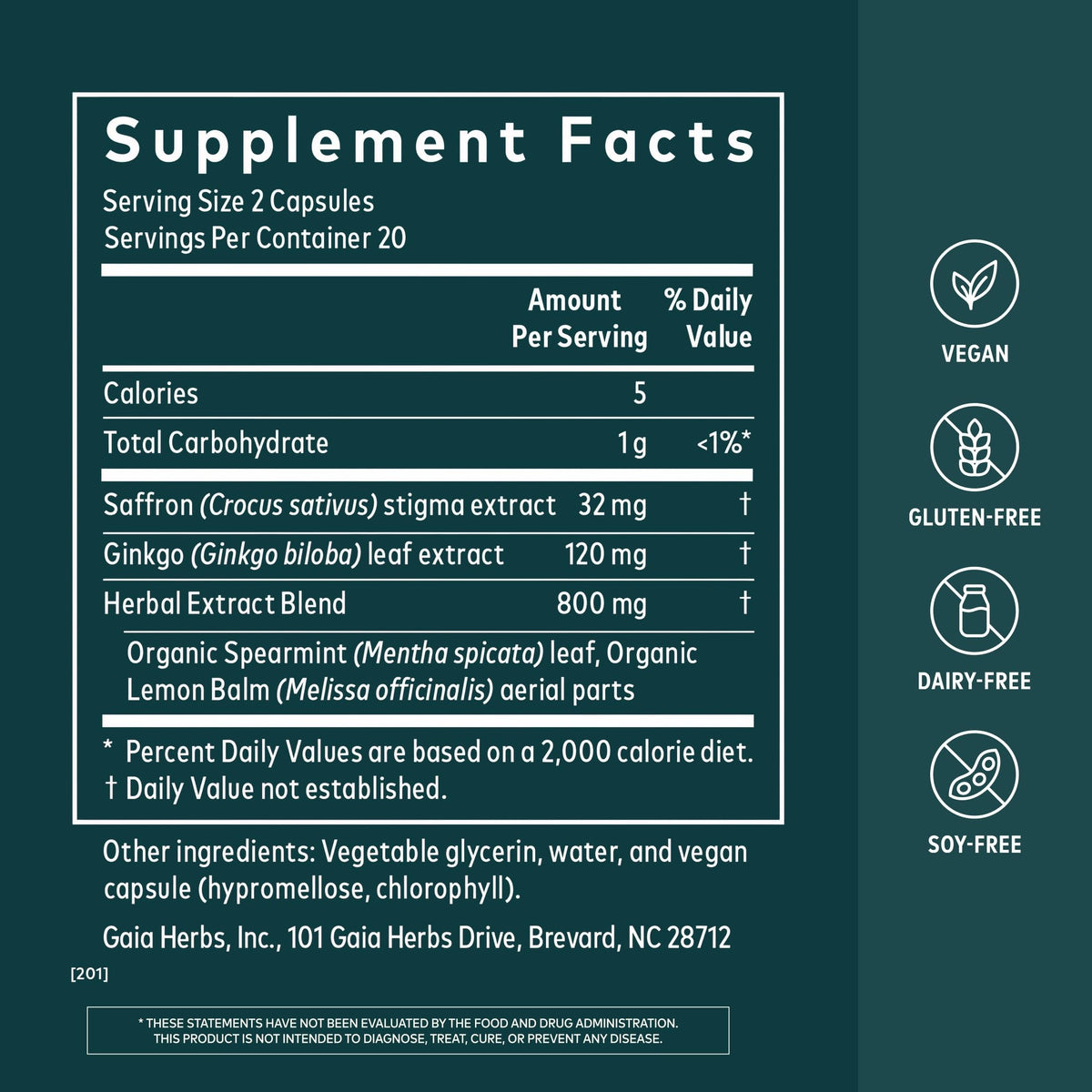 Gélules végétales Gaia Herbs Nootropic Focus sur fond blanc