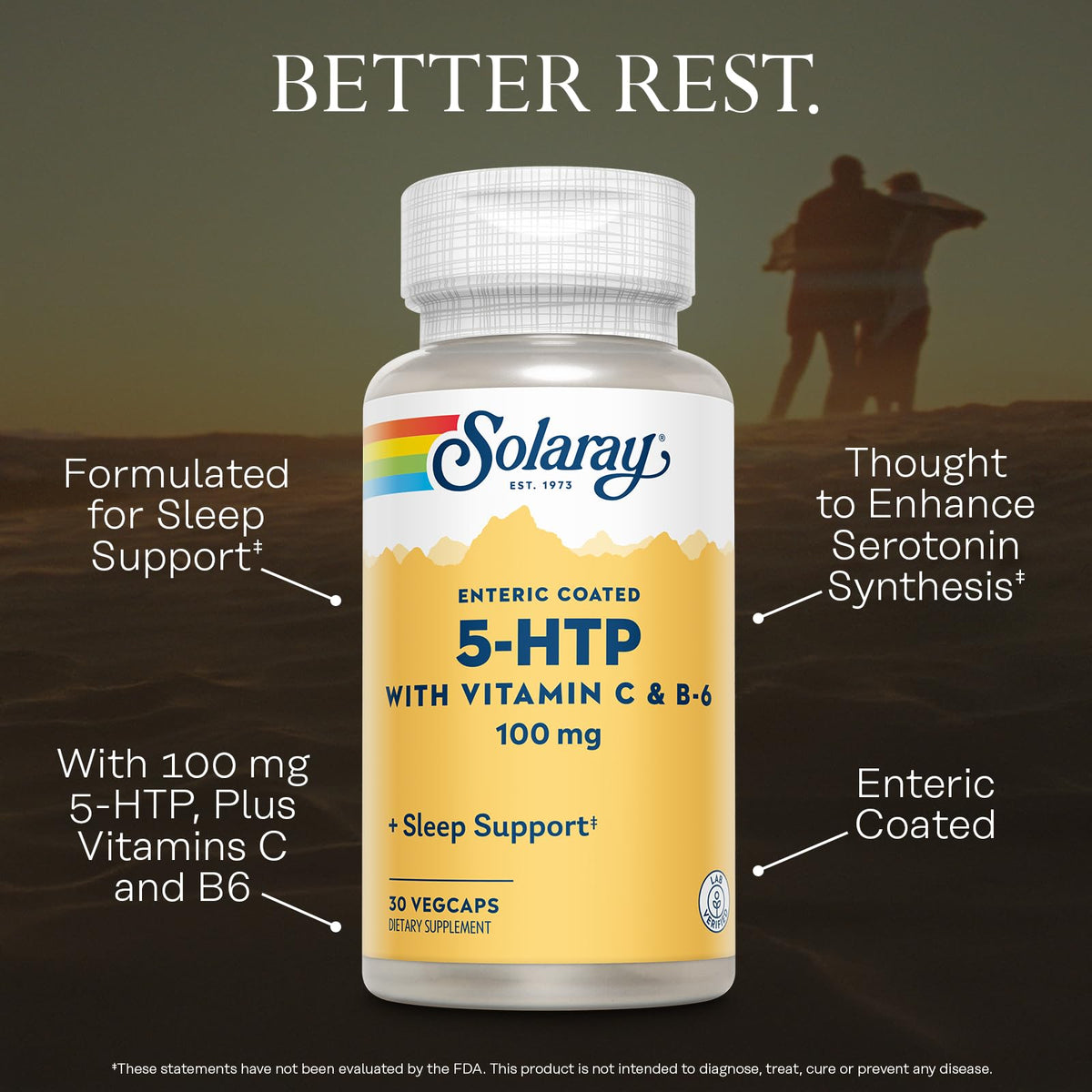 Gélules végétales SOLARAY 5-HTP 100mg sur fond blanc