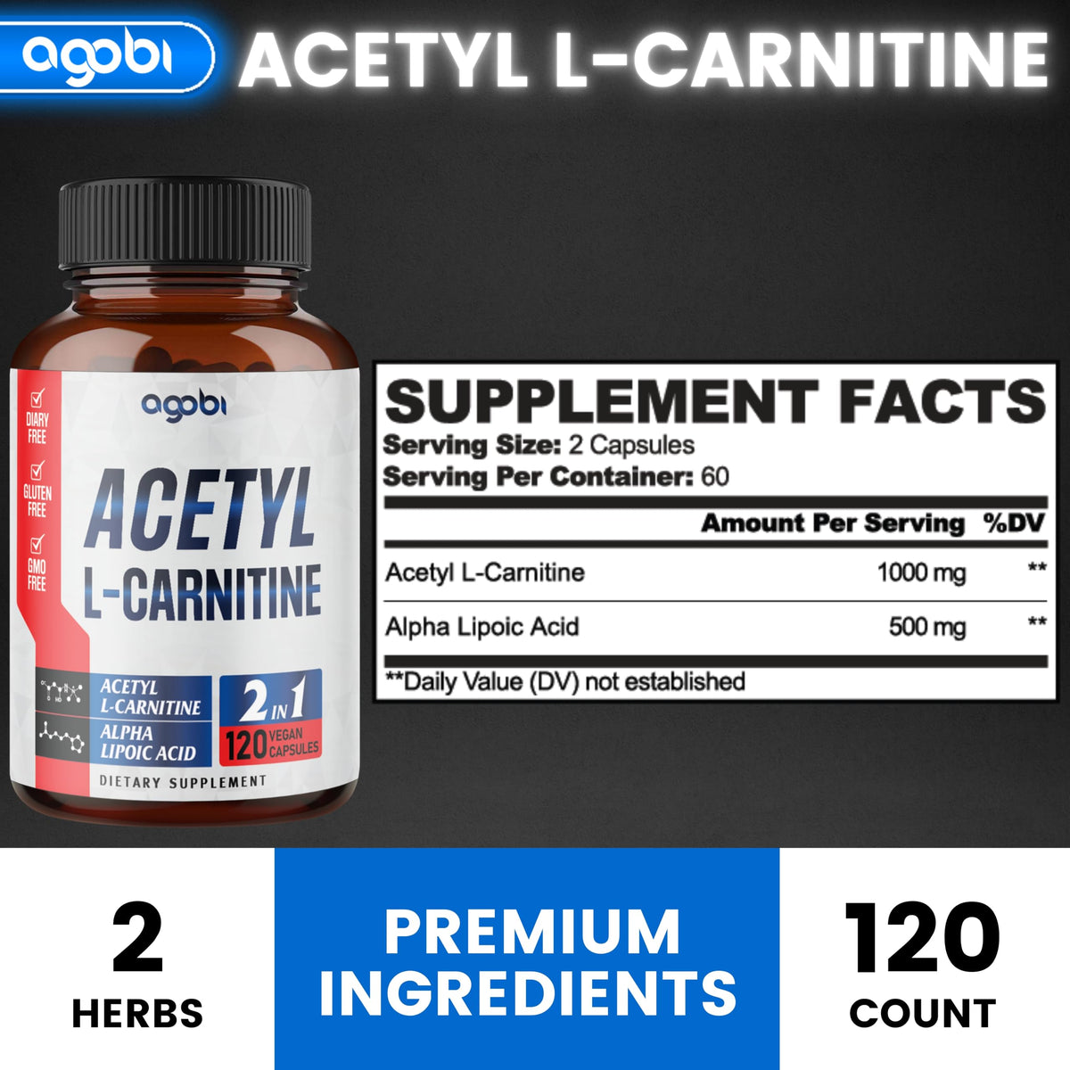 Gélules végétaliennes d'agobi Acetyl L-Carnitine sur fond blanc