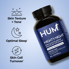 Gélules végétaliennes HUM Mighty Night sur fond blanc