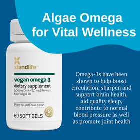 Gélules végétaliennes Xtendlife Omega-3 sur fond blanc