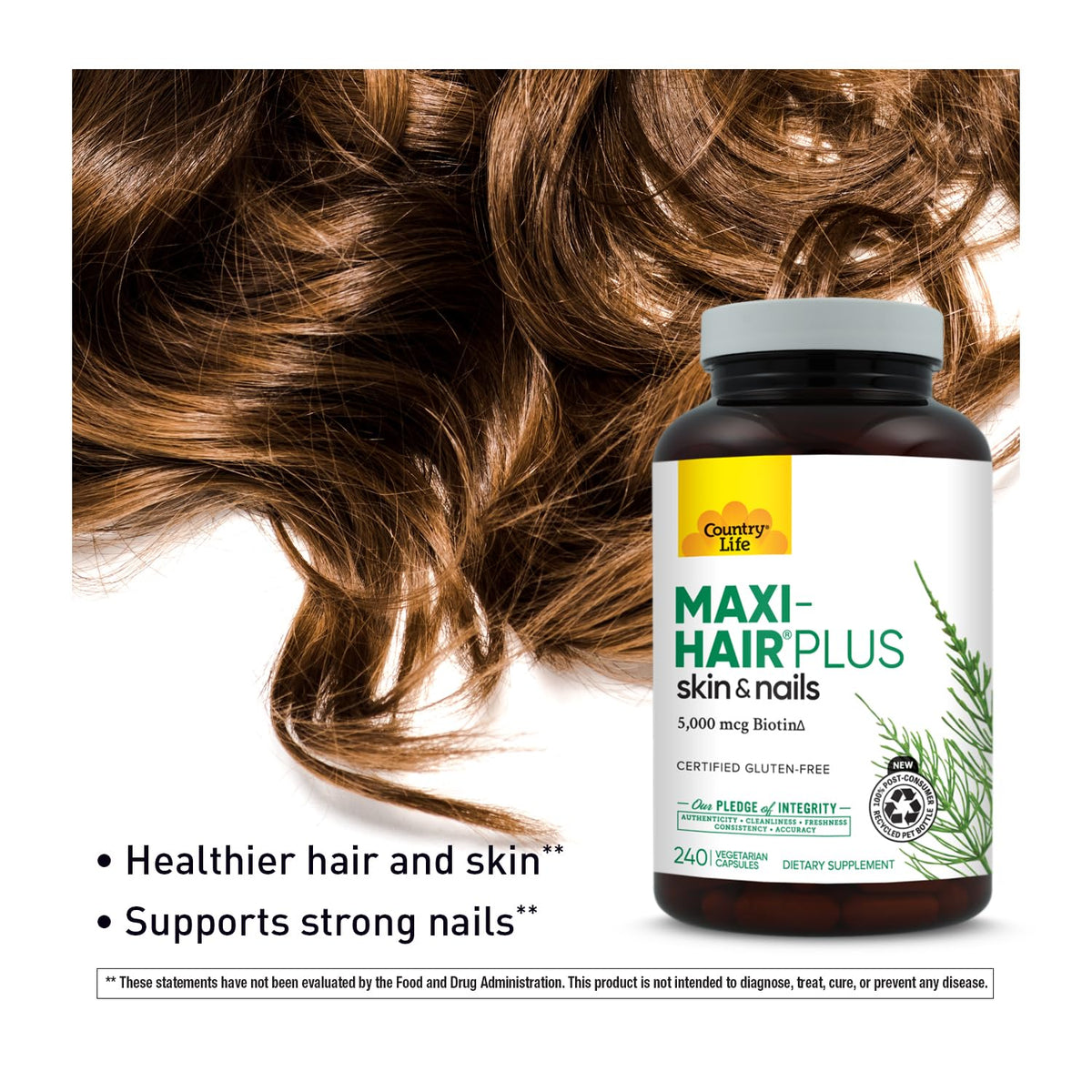 Gélules végétariennes Country Life Maxi-Hair Plus Biotine sur une table