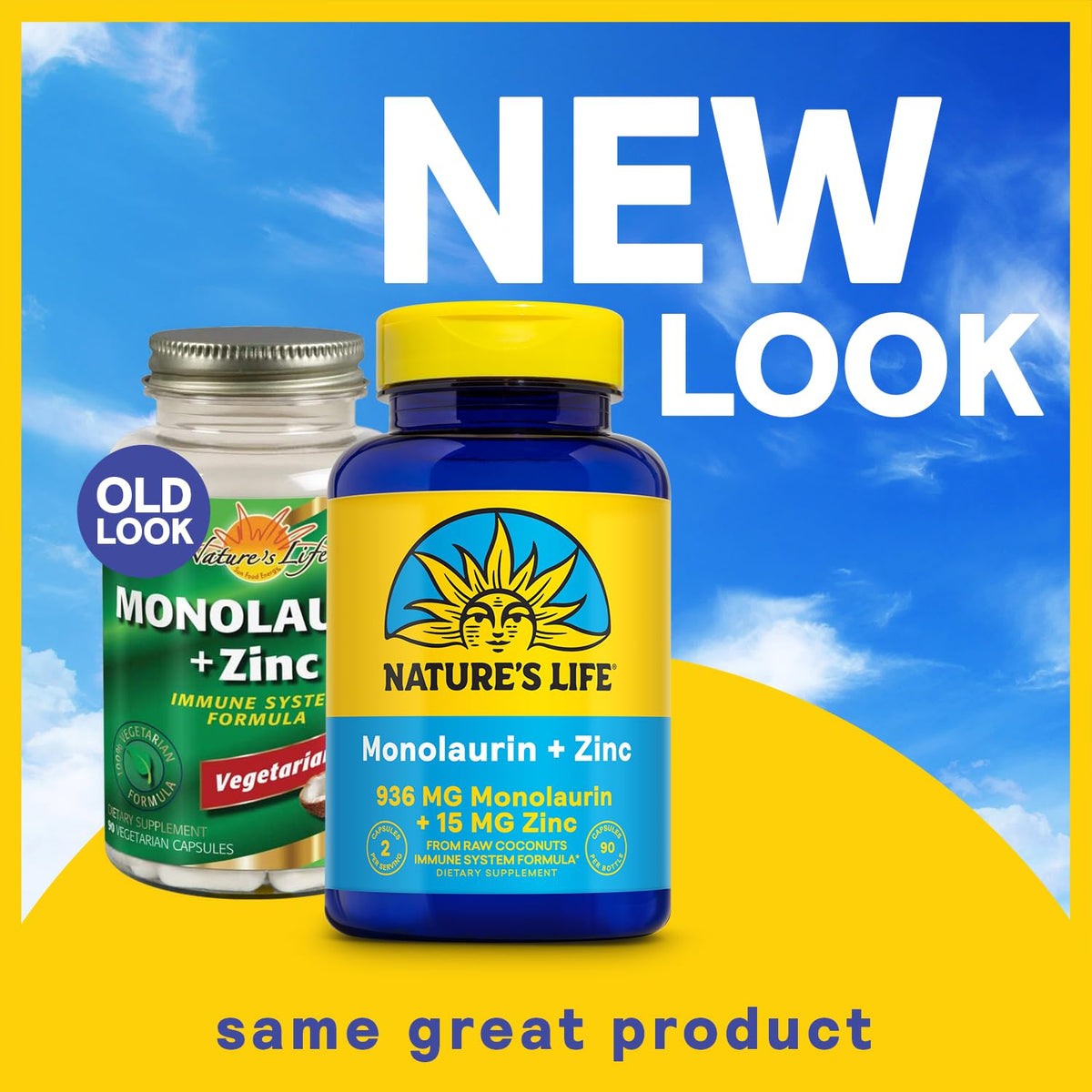 Gélules végétariennes Nature's Life Monolaurin Plus Zinc sur fond blanc