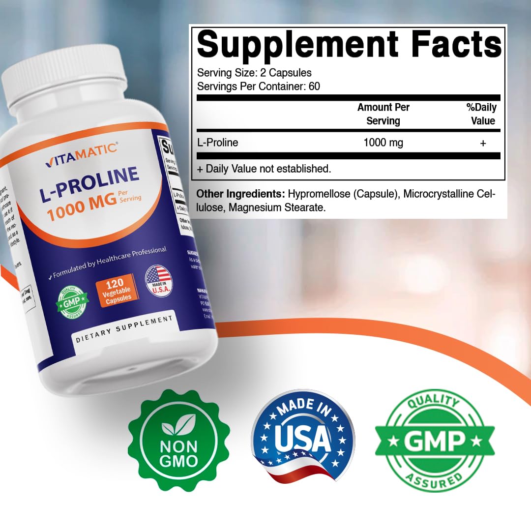 Gélules végétariennes Vitamatic L-Proline 1000 MG sur une table