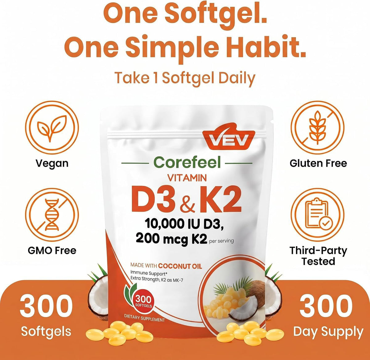 Gélules VEV D3 K2 posées sur une surface en bois