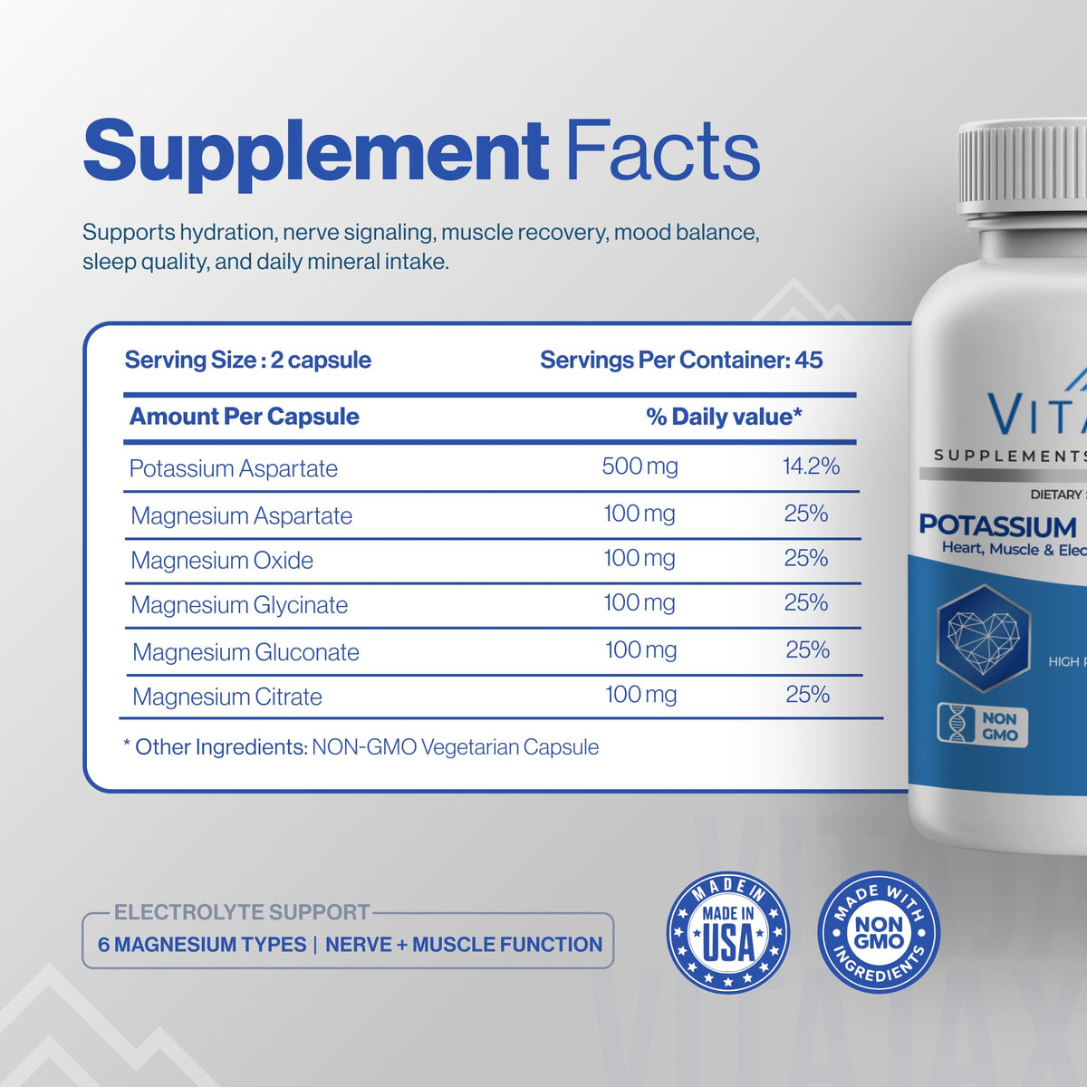 Gélules VITAJAX Potassium Magnésium avec main pour échelle