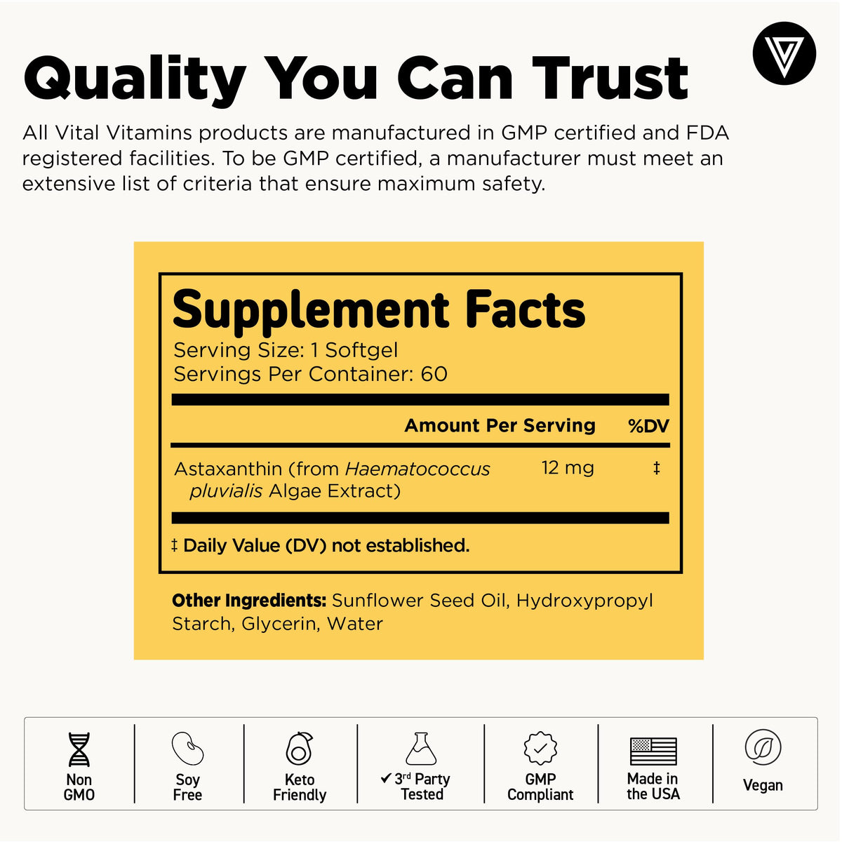 Gélules Vital Vitamins Astaxanthin 12 mg sur une table en bois