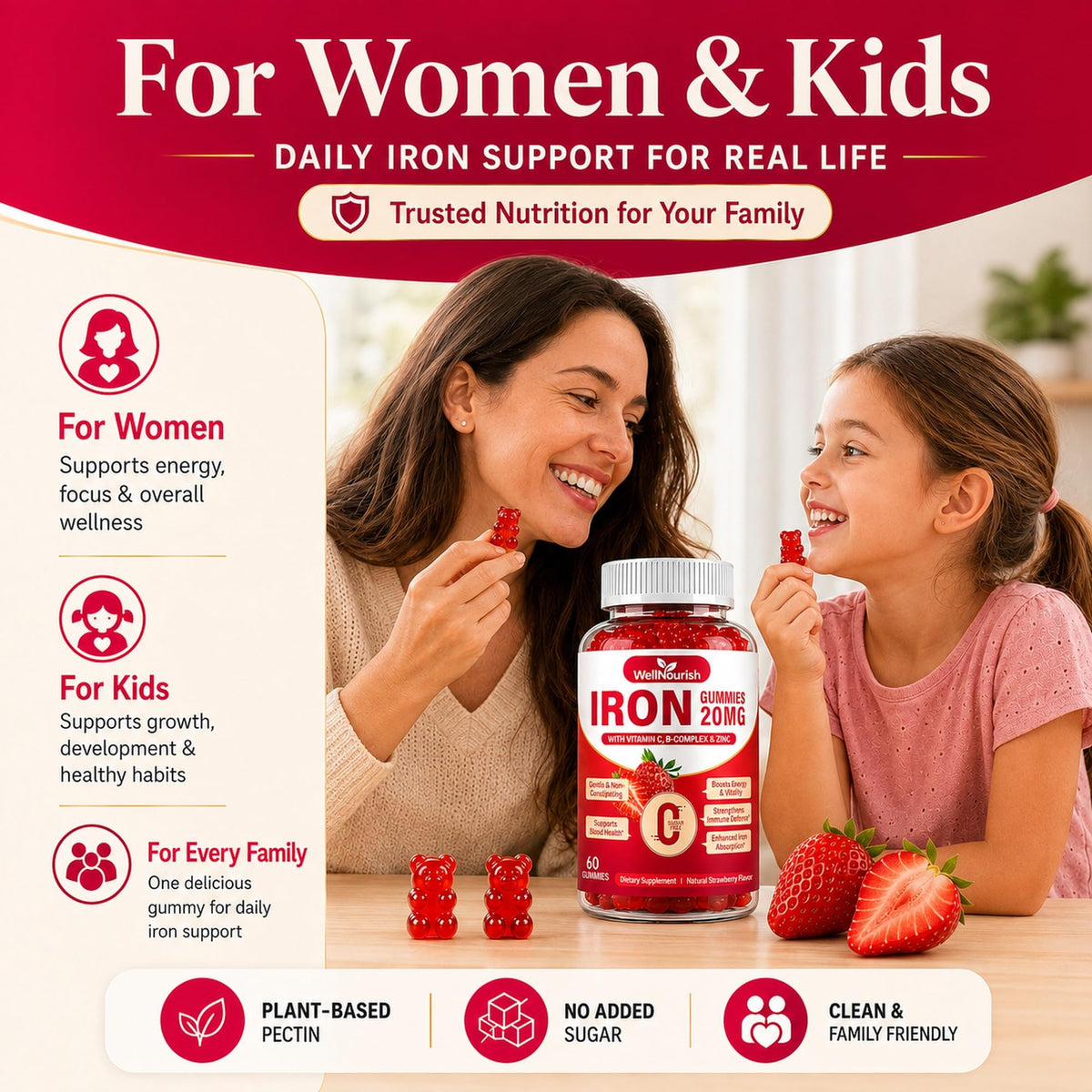 Gélules Wellnourish avec des fruits frais en arrière-plan