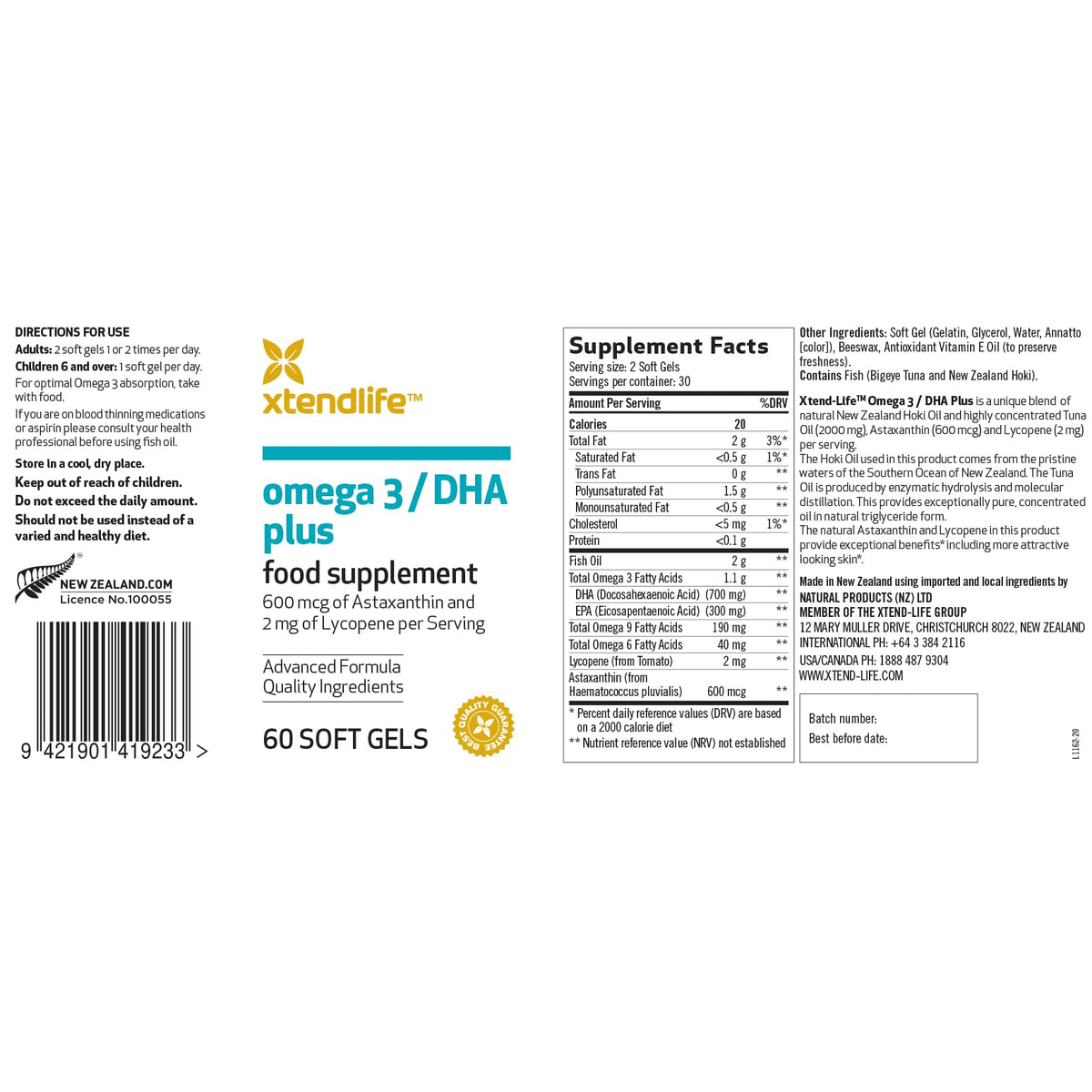 Gélules Xtendlife Omega-3 DHA 1100mg sur une surface blanche