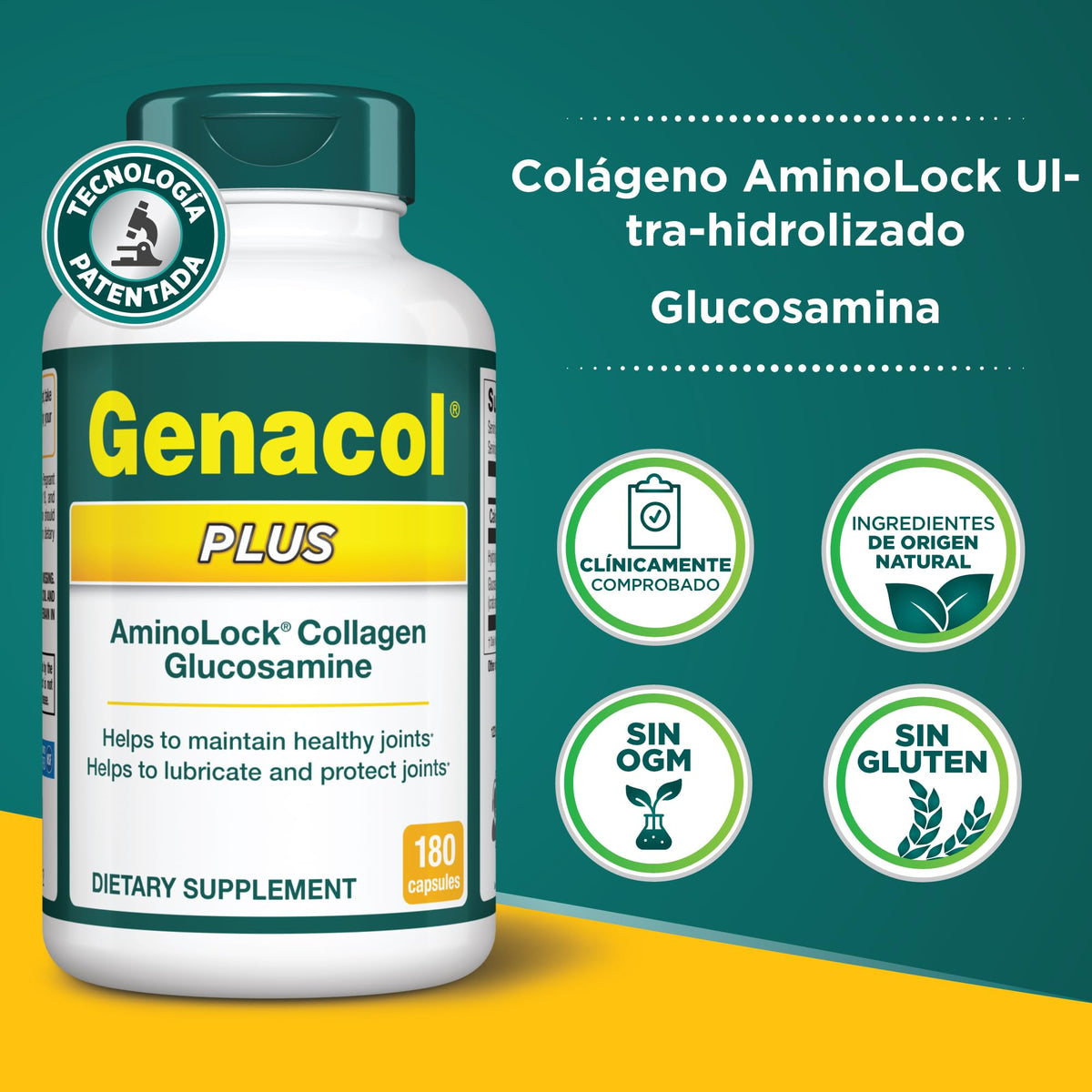 Genacol Plus flacon ouvert avec capsules de collagène et glucosamine