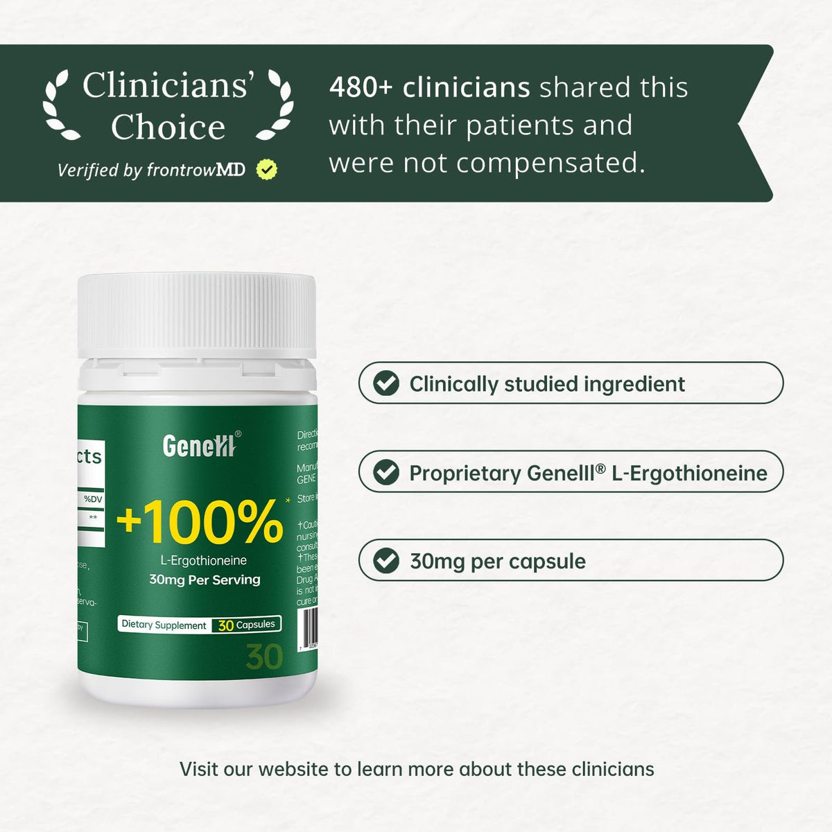 GENEIII L-Ergothioneine 30mg bottle with 30 capsules