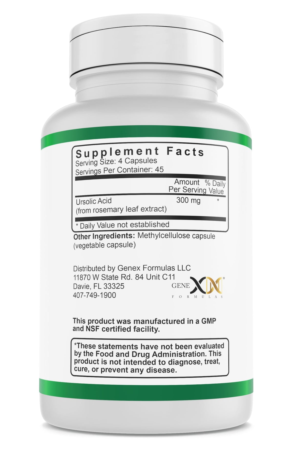Genex Formulas Acide Ursolique 300mg capsules sur une surface neutre