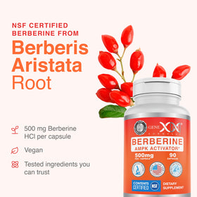 Genex Formulas Berbérine HCl 500mg échantillon de capsules sur une table