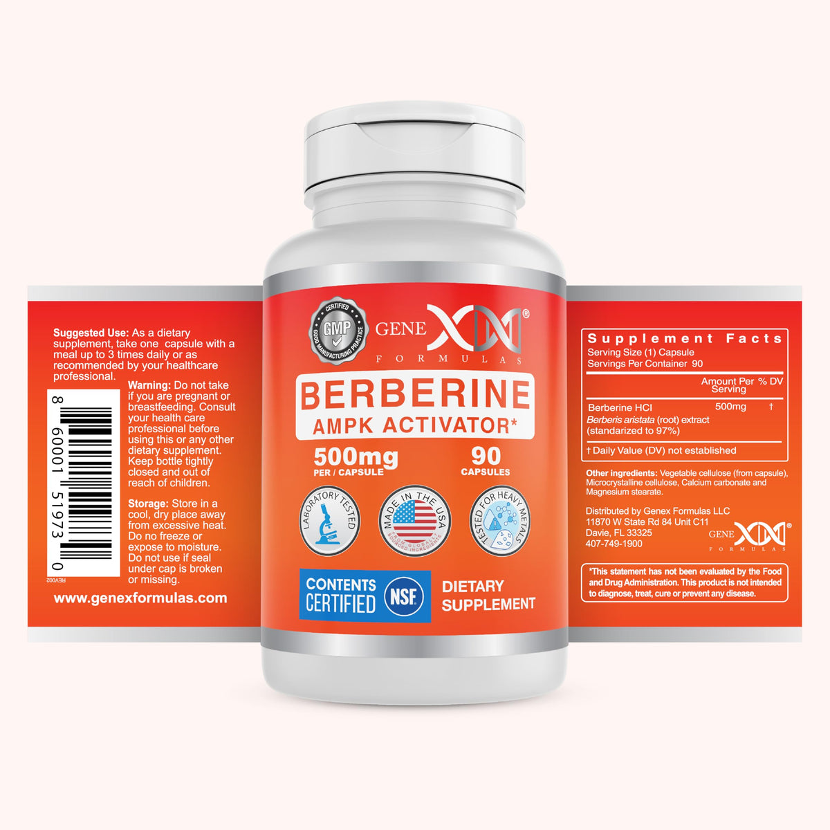 Genex Formulas Berbérine HCl 500mg sur un fond neutre