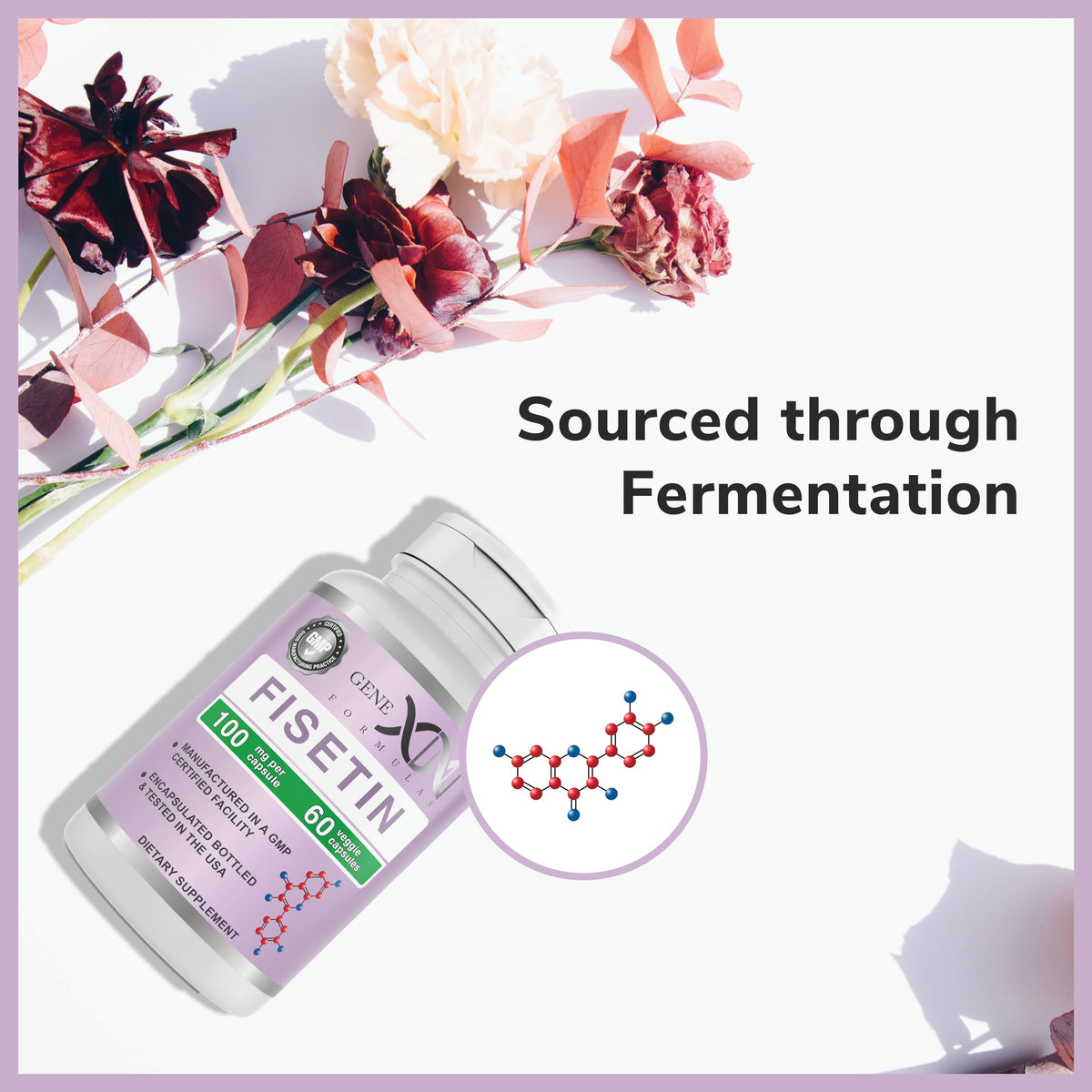Genex Formulas Fisetin 100mg sur une table avec des plantes
