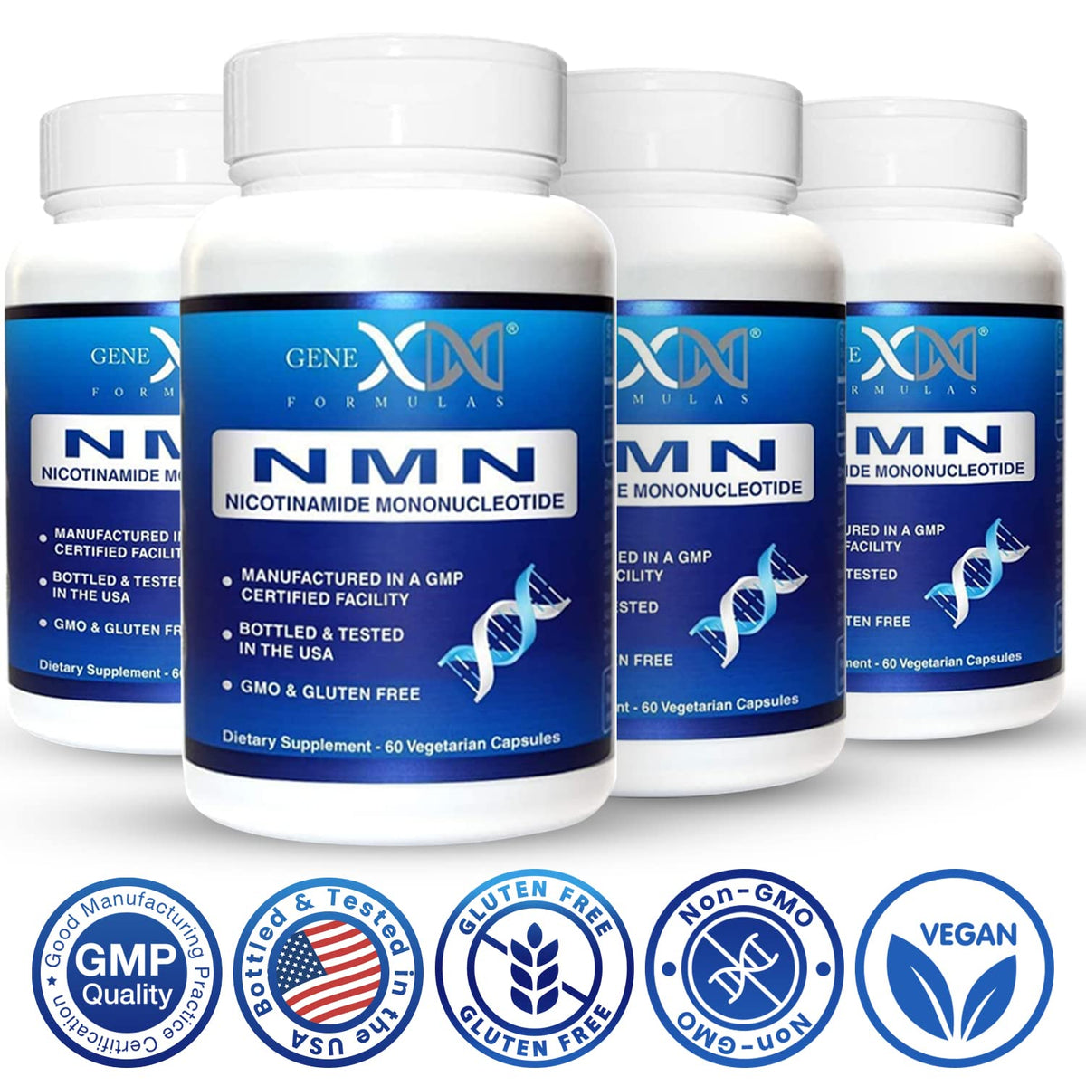 Genex Formulas NMN 250 mg avec des ingrédients sur fond blanc