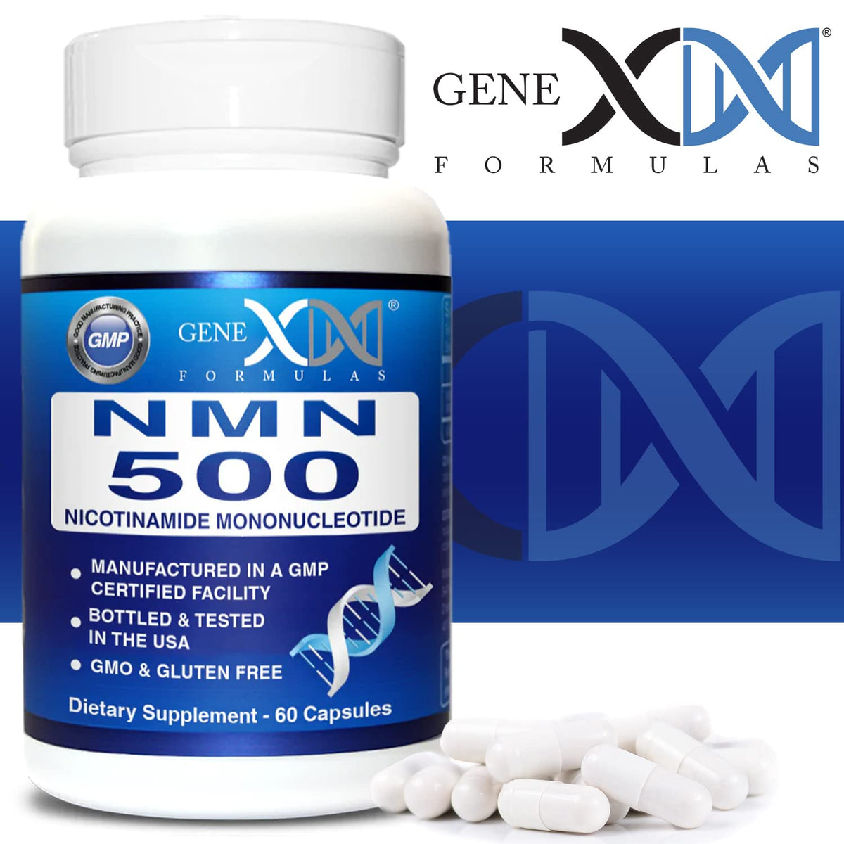 Genex Formulas NMN 500mg avec des ingrédients sur un fond naturel