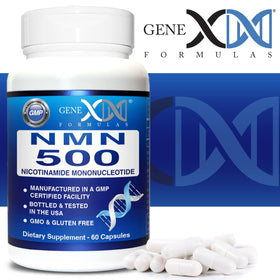 Genex Formulas NMN 500mg avec des ingrédients sur un fond naturel