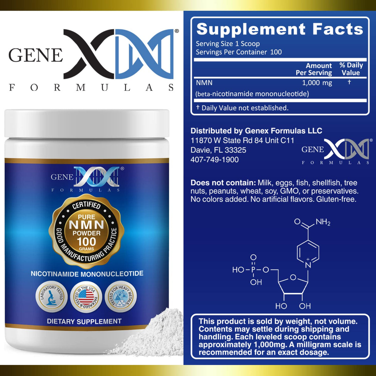 Genex Formulas Poudre NMN Pure 99,9% arrière avec informations