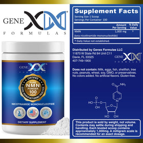 Genex Formulas Poudre NMN Pure 99,9% arrière avec informations