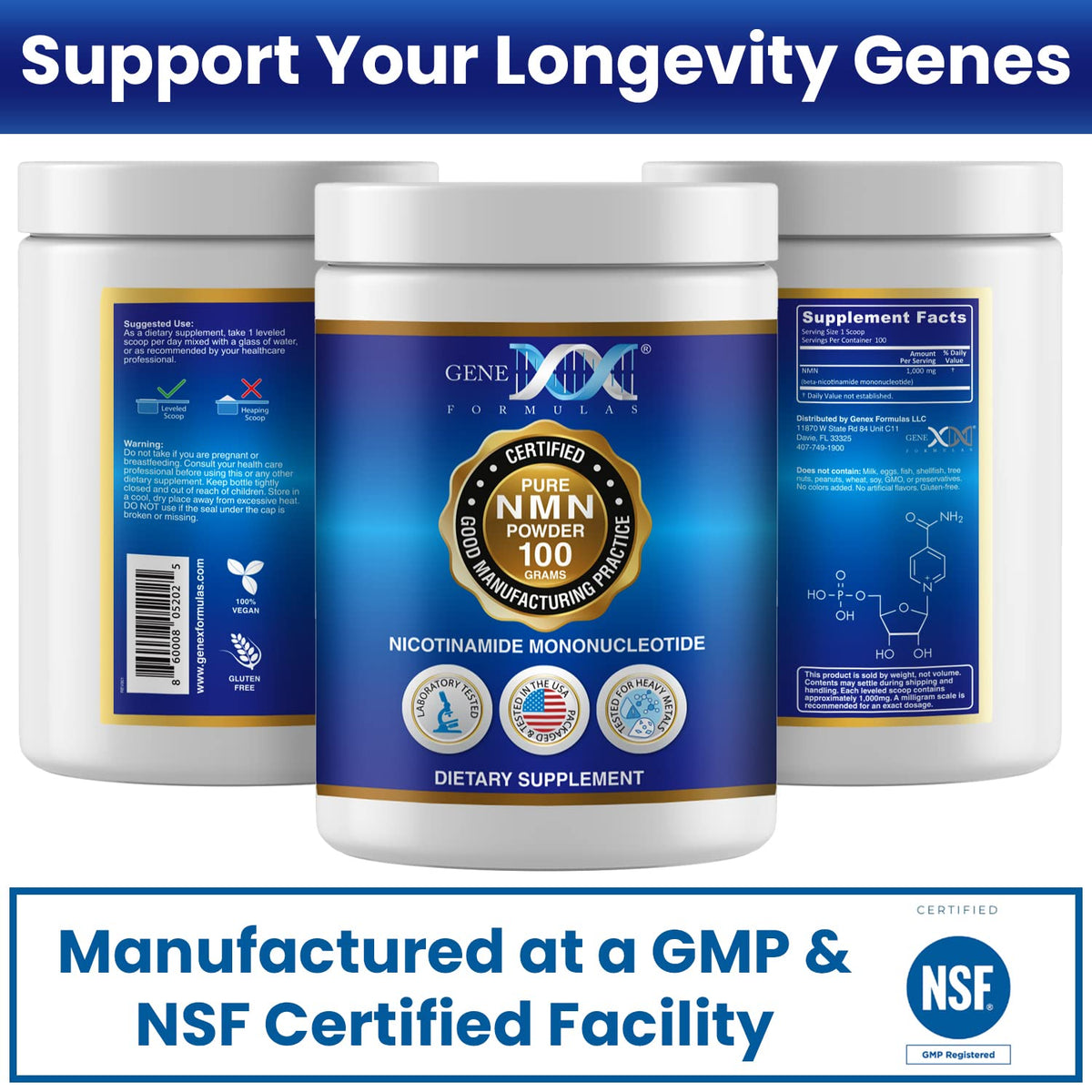 Genex Formulas Poudre NMN Pure 99,9% en situation sur un plan de travail