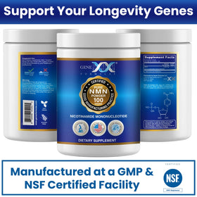 Genex Formulas Poudre NMN Pure 99,9% en situation sur un plan de travail