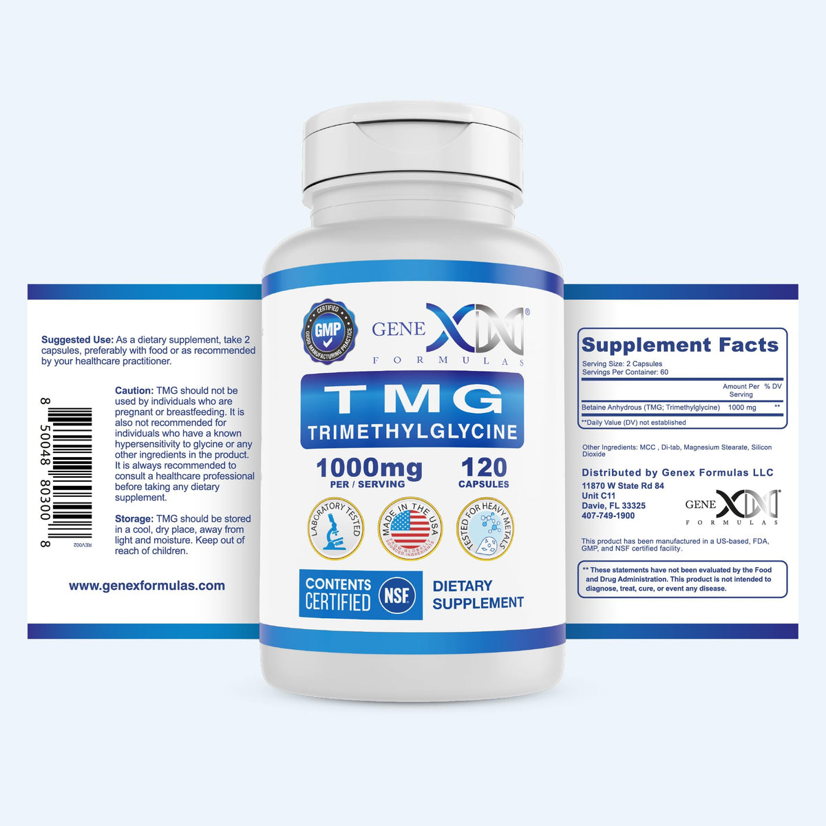 Genex Formulas TMG 1000mg avec des ingrédients naturels en arrière-plan