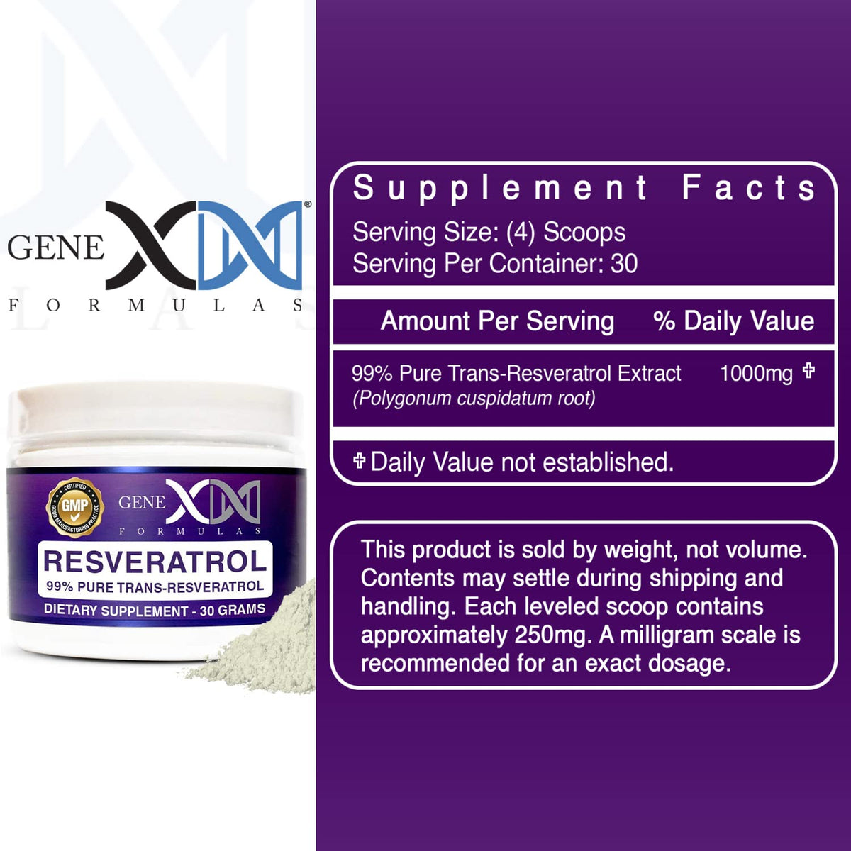 Genex Formulas Trans-Resvératrol 1000mg poudre vue de près
