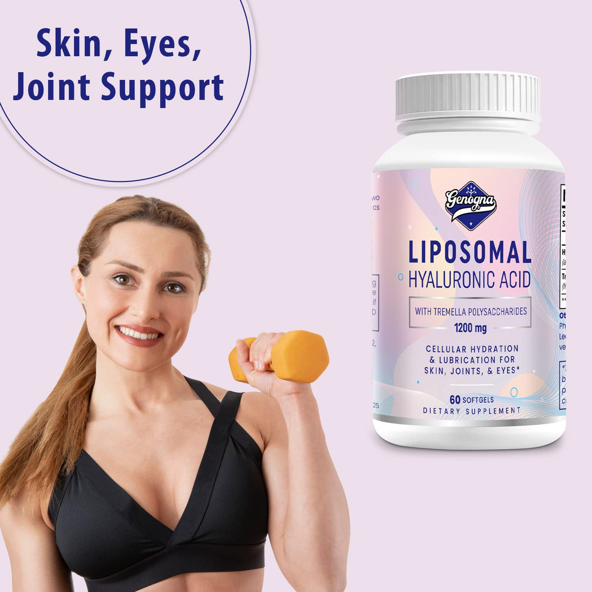 Genogna acide hyaluronique 1000mg, gélules molles sur fond blanc