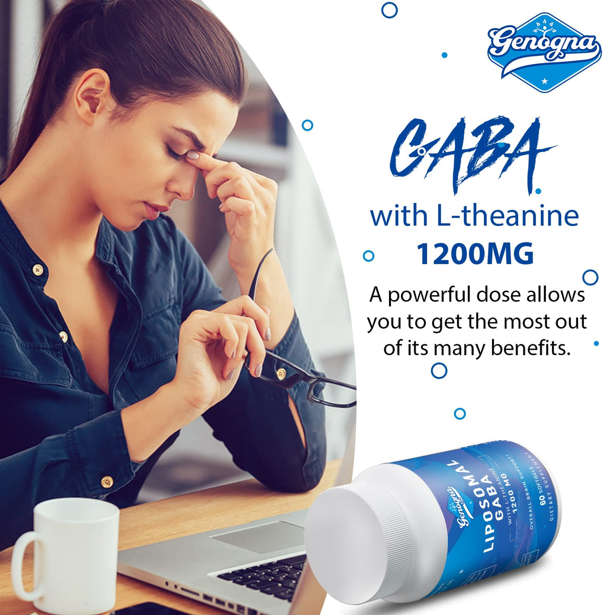 Genogna GABA Liposomal 1200mg gélules avec un verre d'eau
