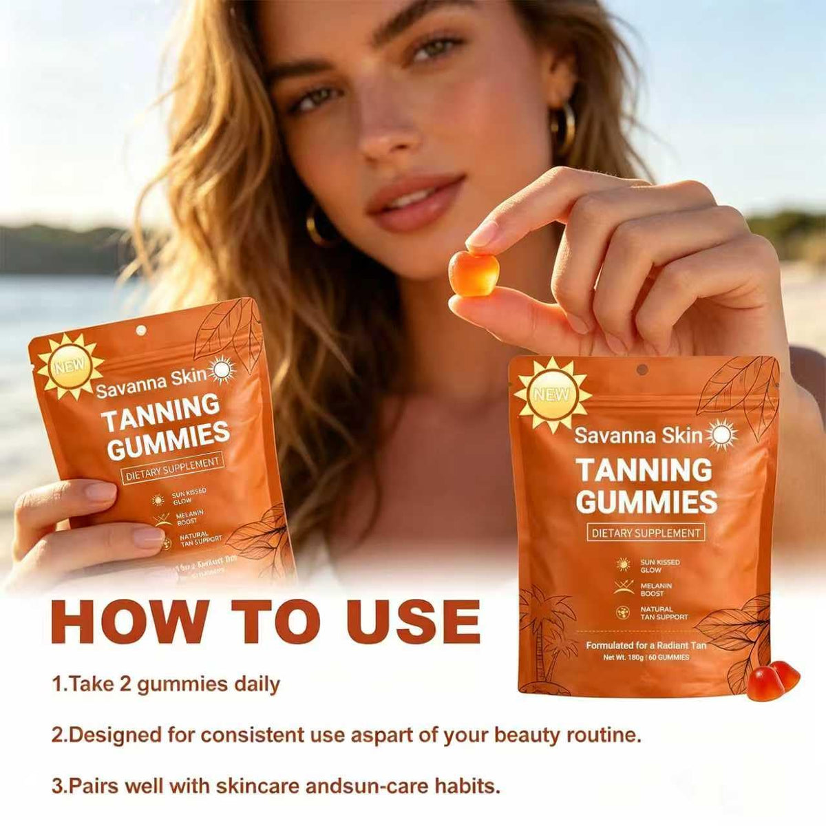 GENTERUN gummies autobronzantes femme détails des ingrédients sur l'emballage