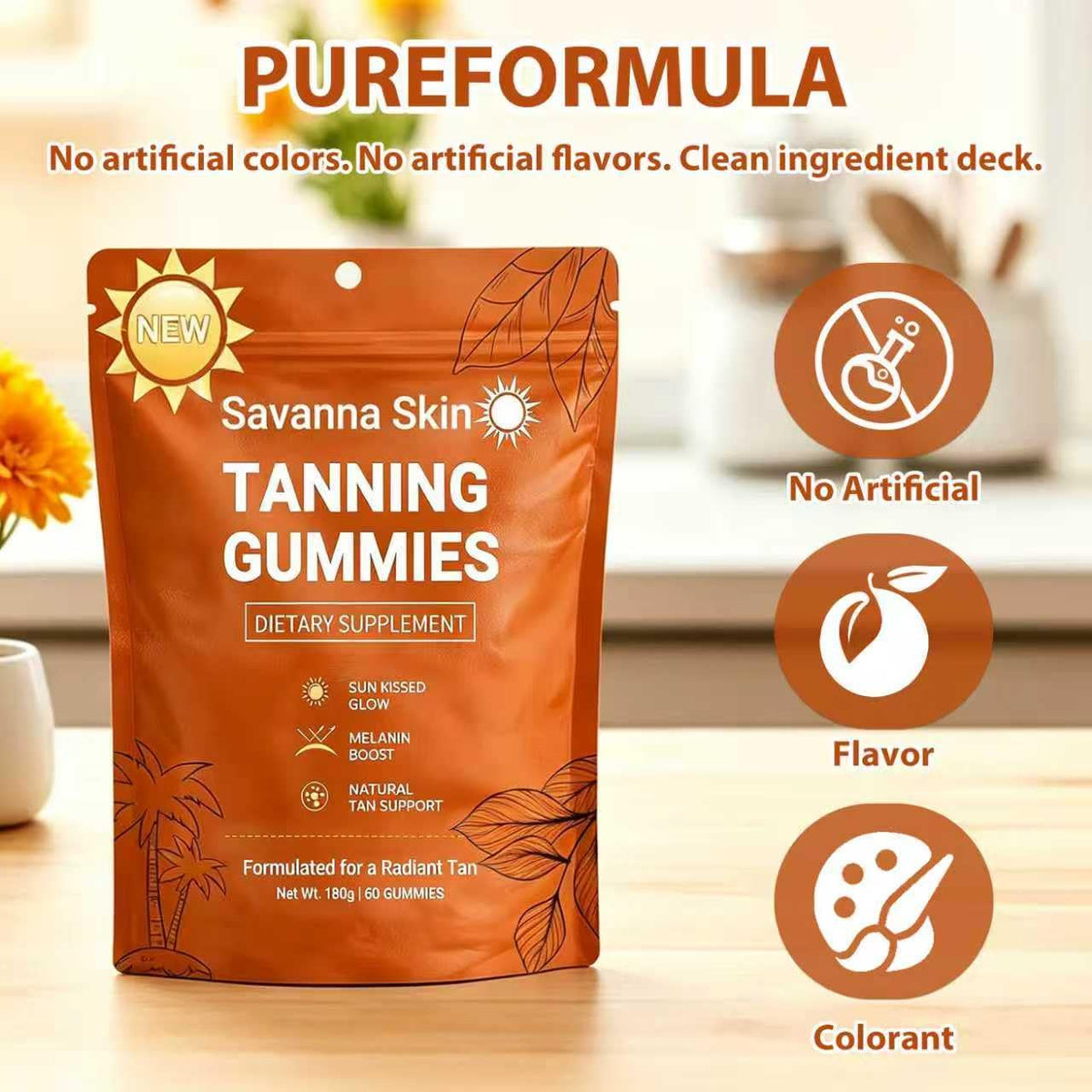 GENTERUN gummies autobronzantes femme gummies de saveur tropicale sur fond blanc