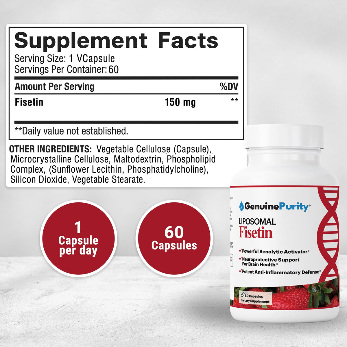 GenuinePurity Liposomal Fisetin 150mg emballage avec ingrédients
