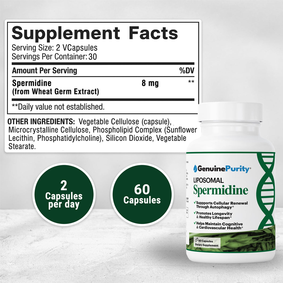 GenuinePurity Liposomal Spermidine 8mg 60 capsules emballage