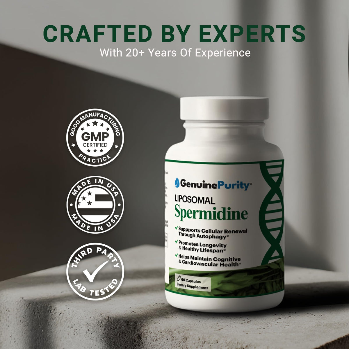 GenuinePurity Liposomal Spermidine 8mg 60 capsules vue de haut