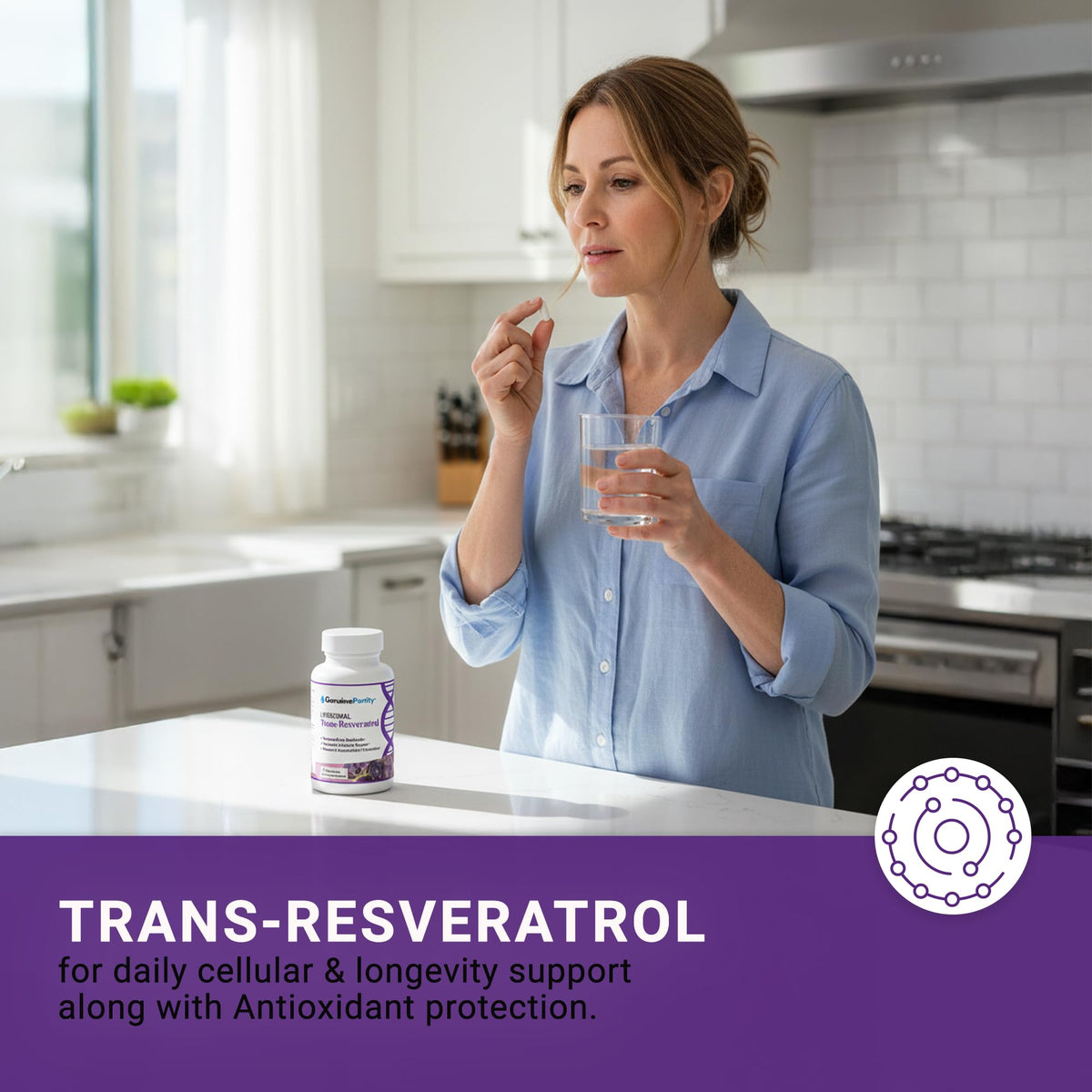 GenuinePurity Liposomal Trans Resvératrol 500mg avec étiquette détaillant les ingrédients