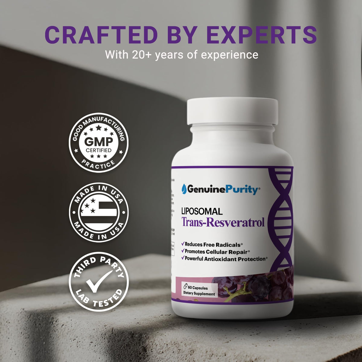 GenuinePurity Liposomal Trans Resvératrol 500mg posé sur une surface en bois