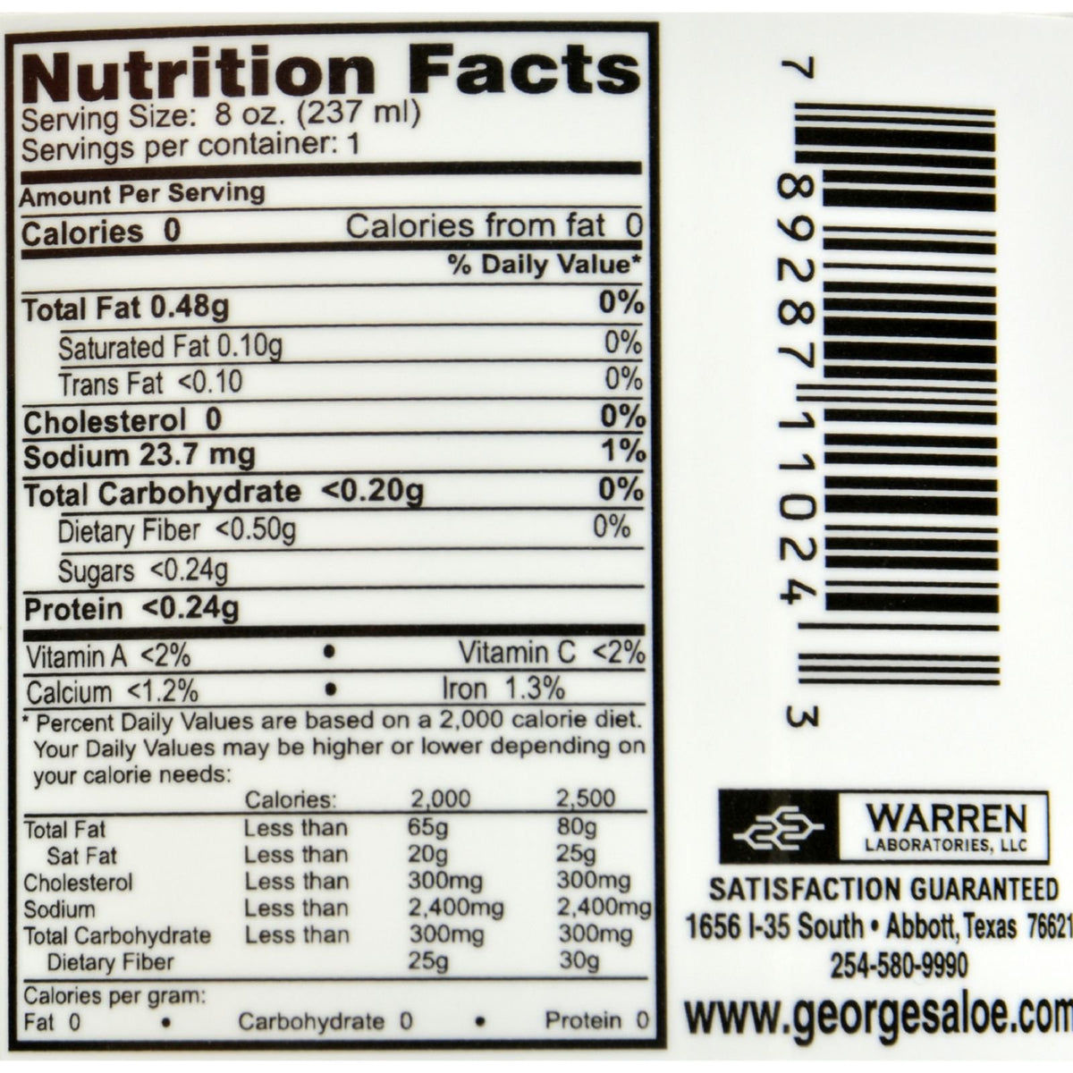 George's Aloe Vera 8 fl oz étiquette et détails du produit