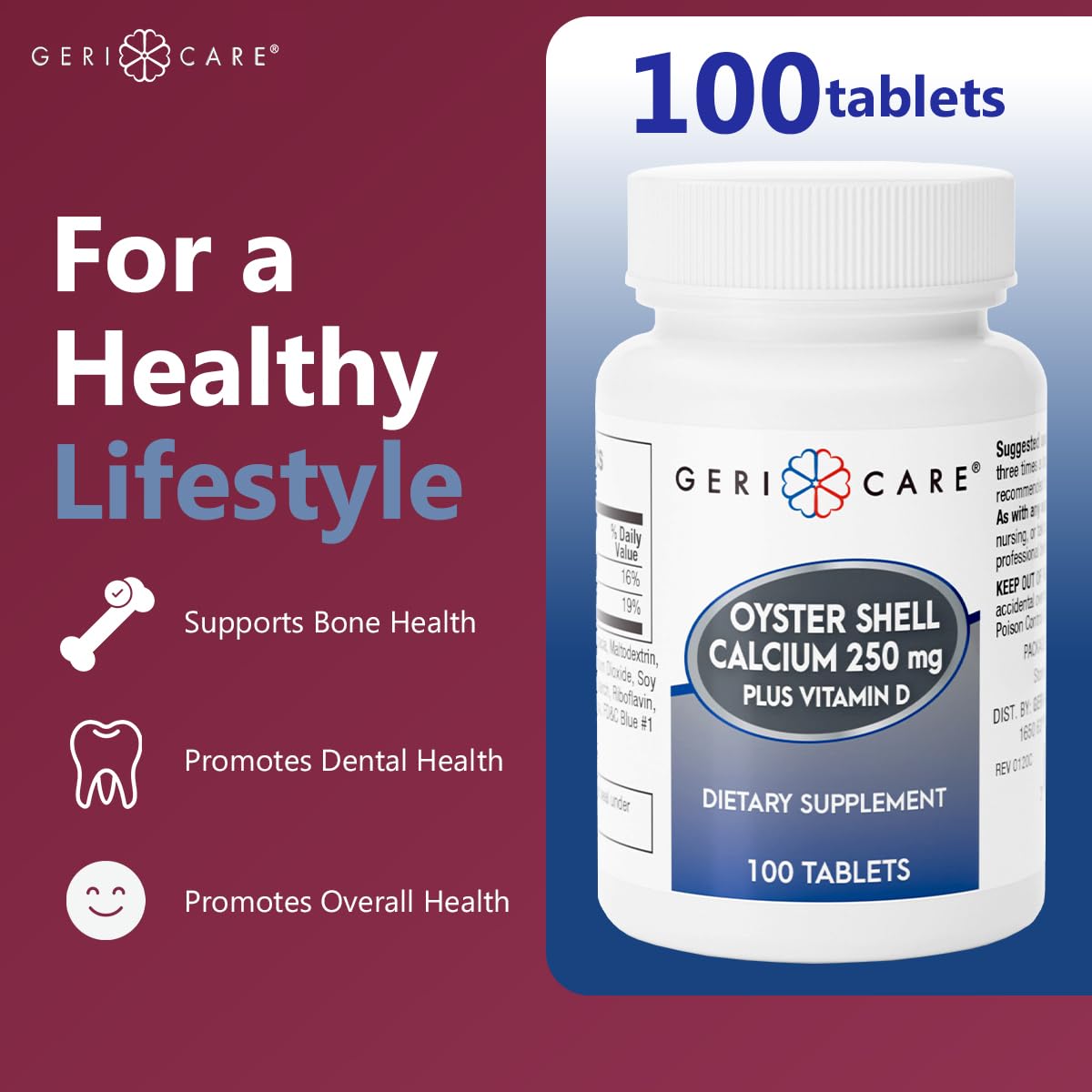 GeriCare Calcium 250mg comprimés avec étiquette détaillée