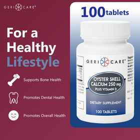 GeriCare Calcium 250mg comprimés avec étiquette détaillée
