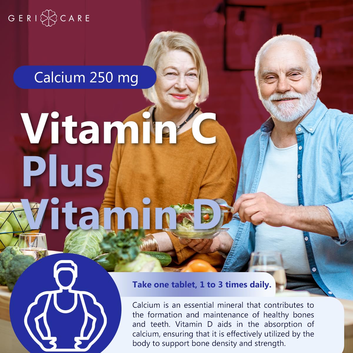 GeriCare Calcium 250mg comprimés avec une main tenant le flacon