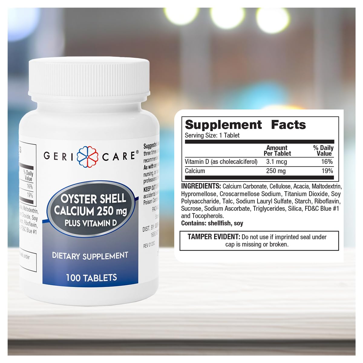 GeriCare Calcium 250mg comprimés sur une table