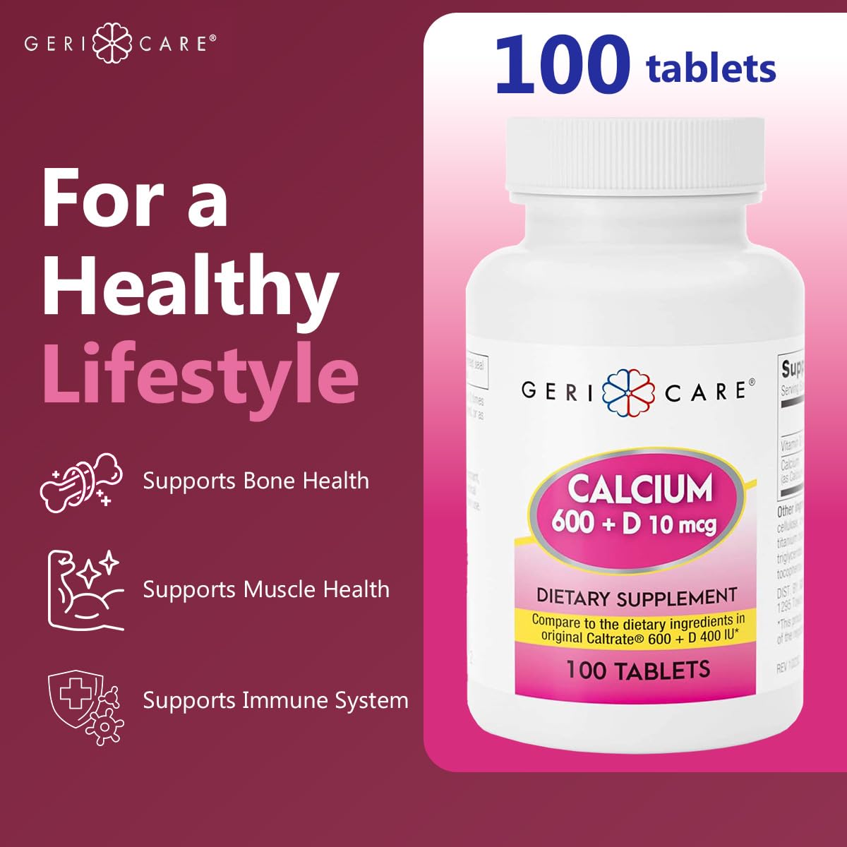 GeriCare Calcium 600mg comprimés sur une table en bois