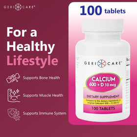 GeriCare Calcium 600mg comprimés sur une table en bois