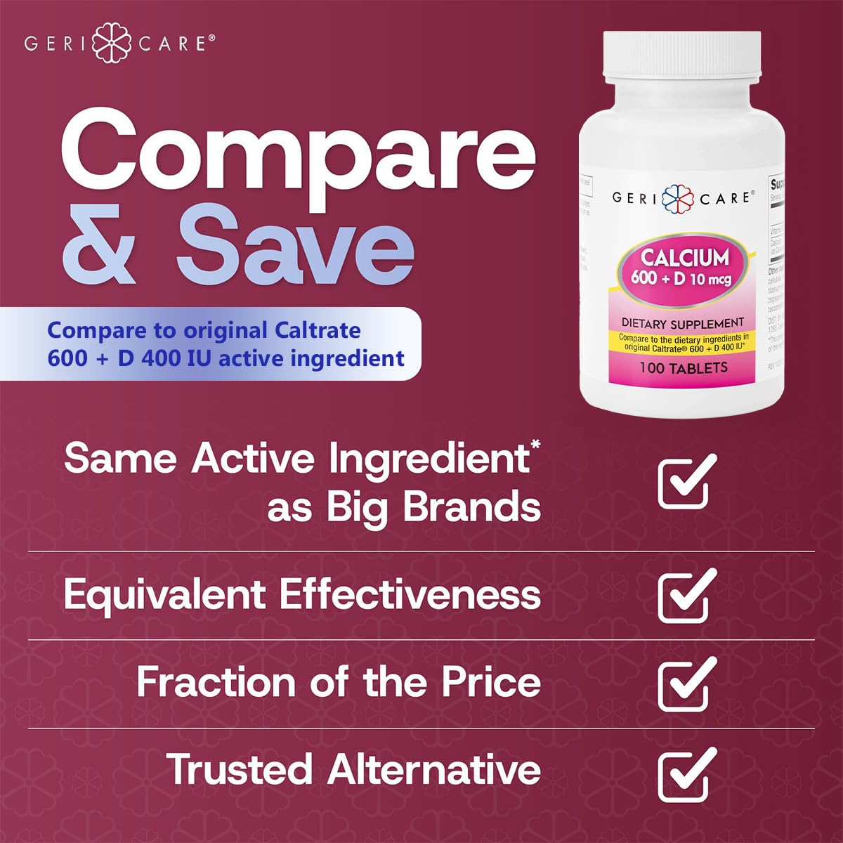 GeriCare Calcium 600mg comprimés vue arrière avec informations nutritionnelles