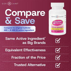GeriCare Calcium 600mg comprimés vue arrière avec informations nutritionnelles