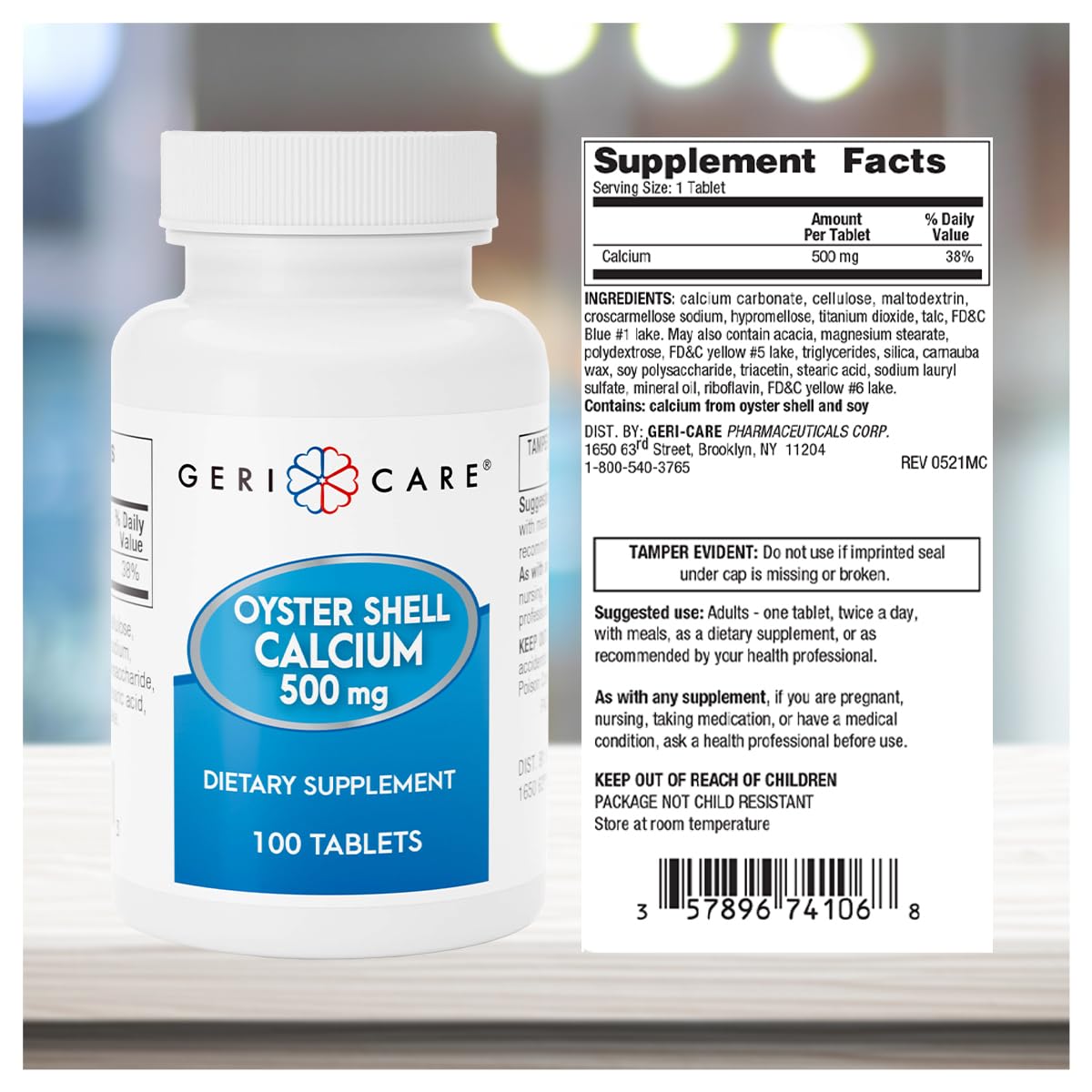 GeriCare Calcium de Coquille d'Huitre 500 mg, comprimés sur une table