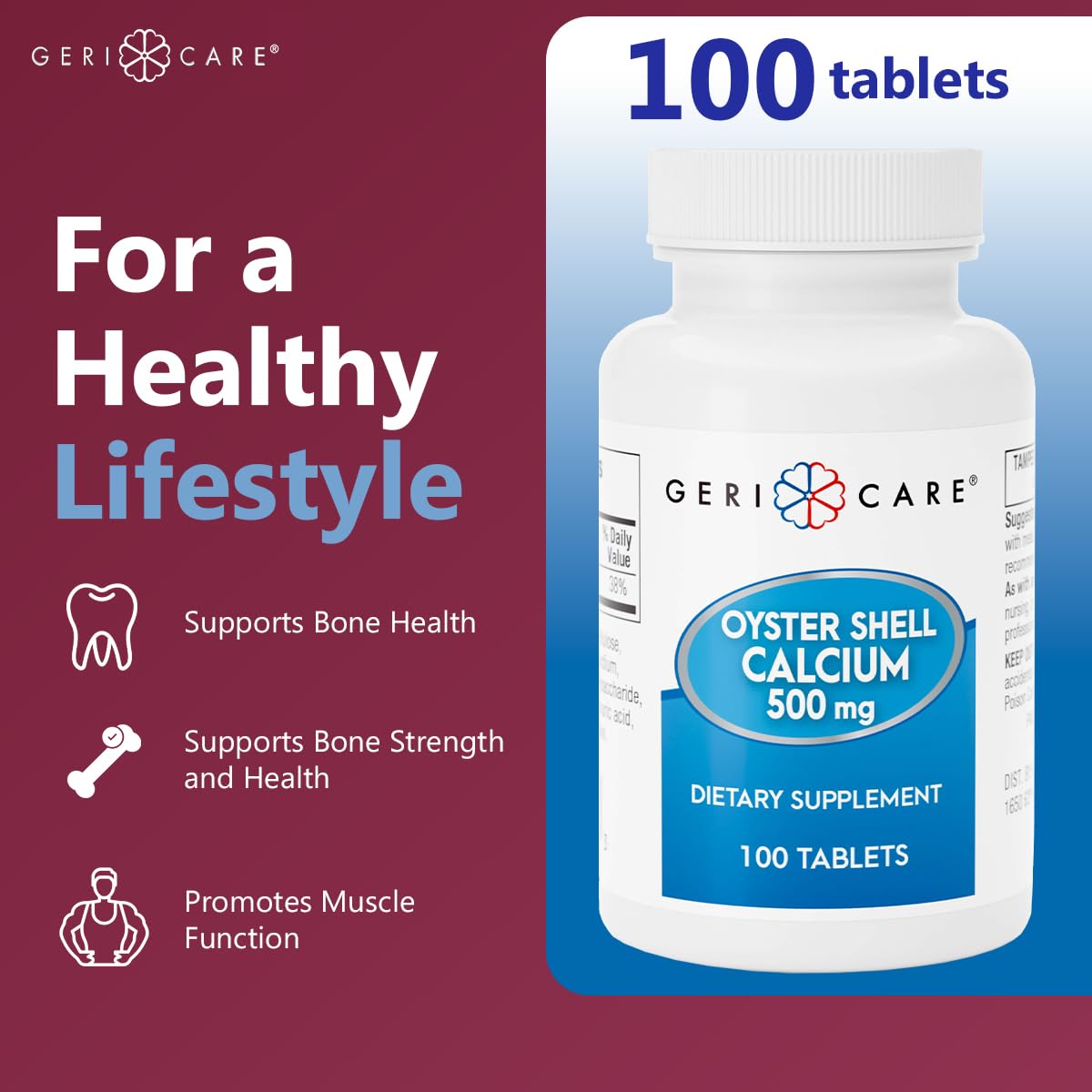 GeriCare Calcium de Coquille d'Huitre 500 mg, vue de côté de la boîte